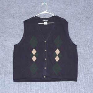 Vintage Sag Harbor Woman Vest 2X Argyle Knit V Neck Button Front Sleeveless Navy
